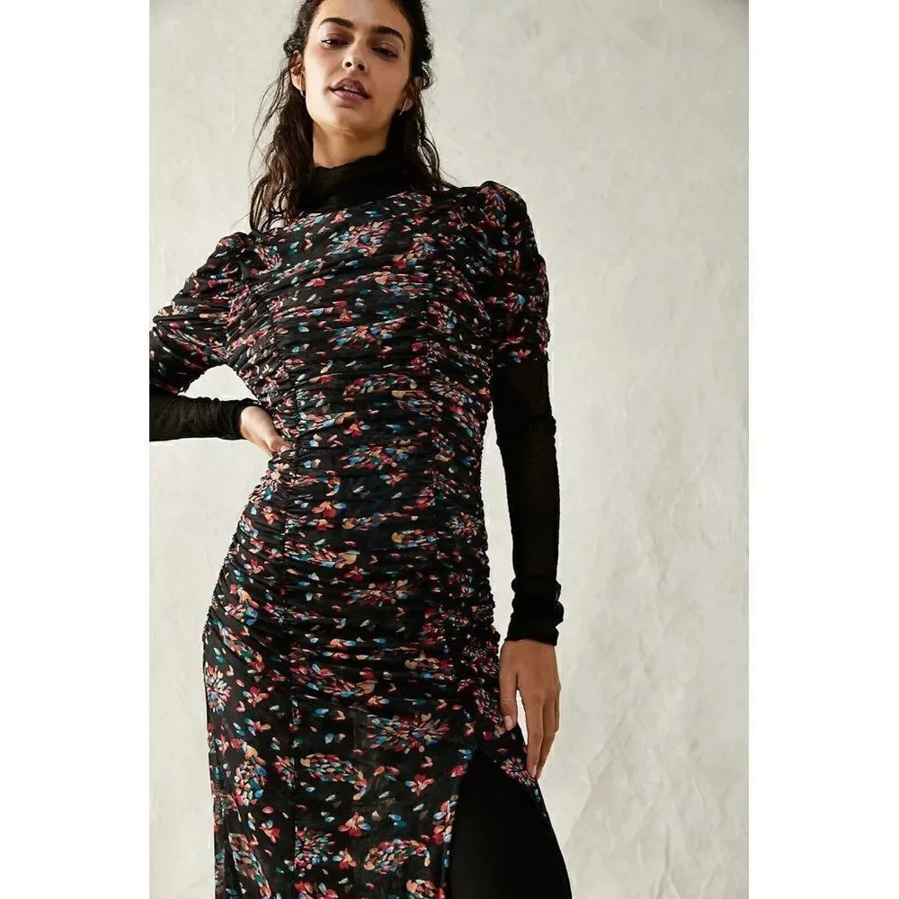 NWT FREE PEOPLE Sz M BRIELLA MIDI DRESS RUCHED PRINTED SHIRRED DRESS TWILIGHT